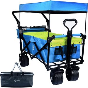 Collapsible Wagon 140L Wagons Carts Foldable With Removable Canopy, Folding Wagon Cart With Wheels For All-Terrain With Brake, Foldable Wagon With Cooler Bag, For Camping Beach Shopping