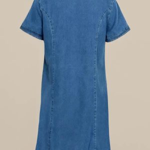 2025 Women's New Denim Dress, V-neck Pleated Pocket, Short Sleeved, Casual Style, Suitable For All Seasons, Fashionable And Good-looking