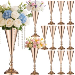 Golden Vase Flower Wedding Centerpieces For Tables 14 In Tall Flower Display Stand Wedding Metal Flower Arrangement Stand Trumpet Vase Tabletop Stand For Home Anniversary Ceremony Party