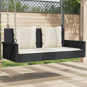 Hanging Bench with Cushion Black 119x56x48 cm Poly Rattan