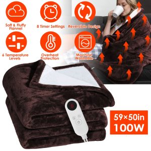 1Pc Electric Heated Flannel Throw Heated Blanket With 6 Heat Settings 1-8 Hours Auto Off Washable For Home Office Usage 59x50in