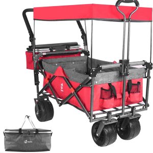 Collapsible Wagon 140L Wagons Carts Foldable With Removable Canopy, Folding Wagon Cart With Wheels For All-Terrain With Brake, Foldable Wagon With Cooler Bag, For Camping Beach Shopping