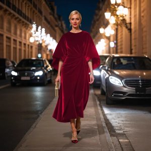 Women's Fashion Elegant Gold Velvet Waist-tight Batwing Sleeve Dress