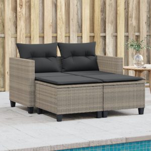 2-Seater Garden Sofa with Stools Light Grey Poly Rattan