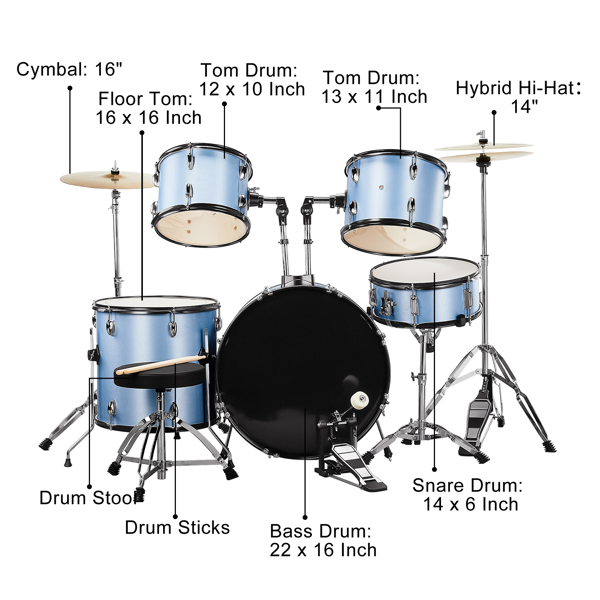 Full Size Adult Drum Set 5-Piece Blue with Bass Drum, two Tom Drum, Snare Drum, Floor Tom, 16