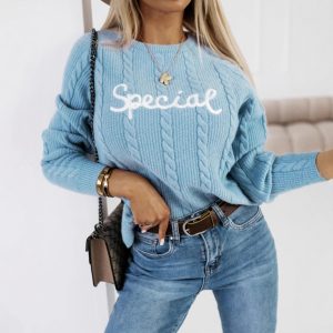 Leisure Pullover Letters Embroidered Crew Neck Knitwear