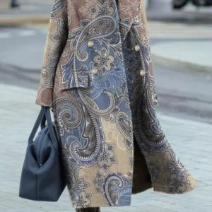 Long Wool Coat With Printed Patterns, Figure-hugging, Professional, With Pockets, Notched Collar, Loose Fit