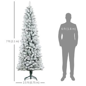 7ft Pencil Christmas Tree, Flocked Tree With 687 Branch Tips And Metal Base For Home, Indoor, Holiday