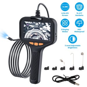 1Pc 4.3in Inspection Camera With Light Articulating Borescope Endoscope Camera With 16.4FT Wire 2 Modes 3 Adjustable Brightness IP67 Waterproof For Plumbing Automative Inside Wall