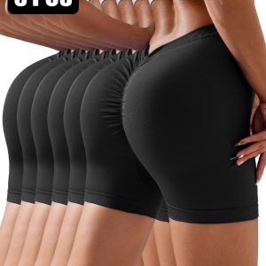 6 Pack Wholesale Solid Color Seamless Back V Shape  Women V-Back Scrunch Butt Elastic Gym Push Up Sports Tights Running Cycling Workout Peach Hip Fitness Shorts