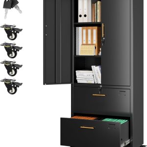 Aobabo Metal 2 Drawers Lateral File Storage Cabinet And Unit Adjustable Shelf Organizer, 2 Door Storage Office Steel Files Cabinet With Wheels, Legal Letter A4 Size, Assembly Required, Black