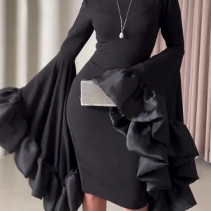 Black Midi Dress With Dramatic Ruffled Sleeves