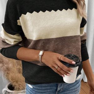 Women's Pullover Round Neck Long Sleeves Color Matching Sweater