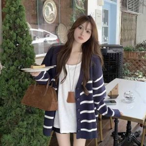 Striped Knitted Cardigan Women's European And American Loose