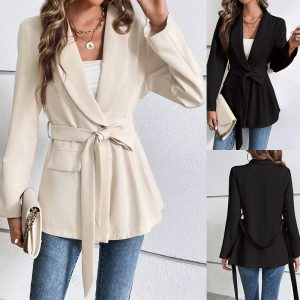 Slim Fit Fashion Lace-up Solid Color Long Sleeve Suit Coat