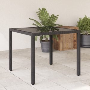 Garden Table with Glass Top Black 90x90x75 cm Poly Rattan