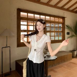 French Style Vintage Ruffled Short Sleeve Women's White Waisted Slimming