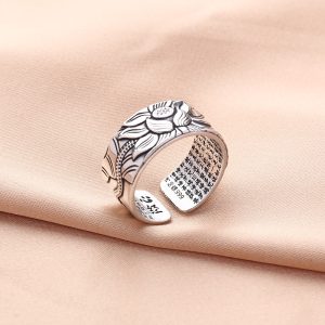 Lotus Hannya Shingyo S999 Sterling Silver Ring Antique Style