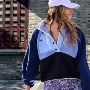 Loose Lapels Stitching Contrast Color Fleece Sweater