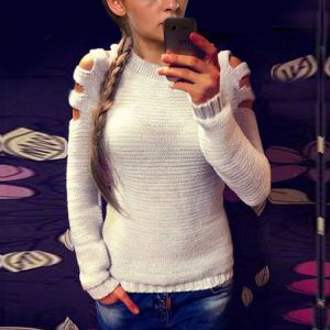 Women's Solid Color Round Neck Hollow-out Long-sleeved Knitted Bottoming Shirt