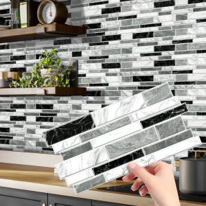 Irregular PVC Black White Gray Marble Pattern Classic Imitation Tile Self-adhesive Kitchen Bathroom Wallpaper Waterproof And Oil Proof Wallpaper Easy To Install