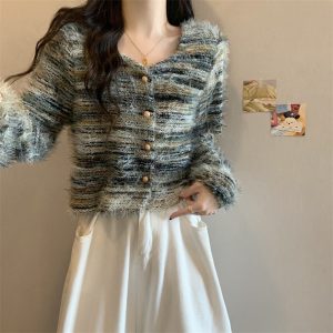 Korean Style Square Collar Striped Fur-Trimmed Sweater