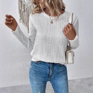 Solid Color Round Neck Long Sleeve Hollow T-shirt Top