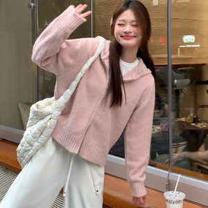 Women's Korean-style Hooded Double Zipper Knitted Bottoming Shirt