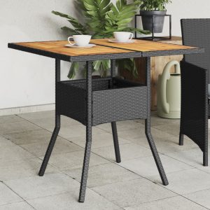 Garden Table with Wooden Top Black 80x80x75 cm Poly Rattan