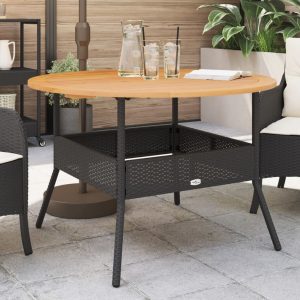 Garden Table with Wooden Top Black Ø110x71 cm Poly Rattan