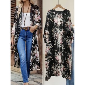 Womens Floral Print Long Cardigan Lightweight Long Sleeve Open Front Cardigans