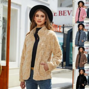 Loose Solid Color Plaid Plush Coat