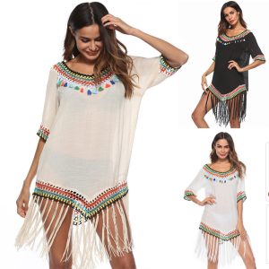 Hollow-out Rainbow Tassel V-Neck Hand Hook Beach Blouse