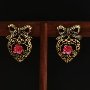 Inlaid Zirconium Bow Hollow Pattern Love Heart Rose Eardrop Earring