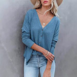 Long Sleeve Button Loose Top T-shirt