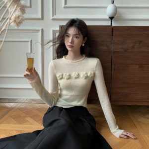 Micro Transparent Flower Sweater New Korean Version Elegant Round Neck Knitted Top