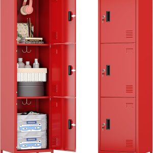 Metal Locker With Hooks And Ventilation Holes,Metal Storage Locker With Keys And Business Card Slof For Home,Gym,Garage,School,Office,Assembly Required,Red
