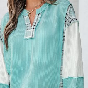 Aruba Blue Corded Texture Colorblock Patchwork Split Neck Long Sleeve Top