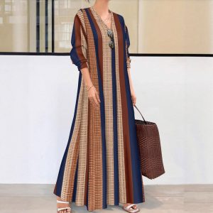 Fashion Casual Vertical Striped V-neck Long Dress Elegant
