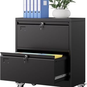 Aobabo Metal 2 Drawer Lateral File Mobile Cabinet With 2 Lock, Flie Cabinet With Wheels And Adjustable File Bars For Office,Home, For Letter Legal Size, Black, Assembly Required