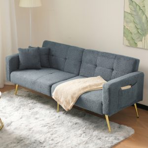 The Sofa Bed Has A Bed Function, Three Adjustable Backrest Angles, Gold Legs, Cushions And Side Storage Pockets