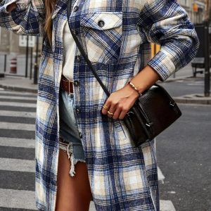 Women's Plaid Shack Set, Oversized Flannel Shirt Jacket And Worn-out Denim Shorts, Paired With Knee High Boots In A 90s Retro Style, A Must-have For Autumn Streetwear