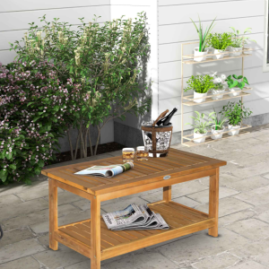Outdoor Buffet Bar Table 2-Shelf Acacia Wood Storage Organizer Natural Teak Finish