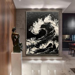 Large Size Contemporary Hand-painted Black White Sea Waves Abstract Picture Textured Oil Paintings On Canvas Bedroom Home Decoration Unframed