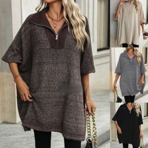 Women's Fashionable Mid-length Zipper And Lapel Sweater