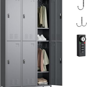 Aobabo Combination Lock Metal Storage Locker For Employees, 6 Doors Lockable Storage Locker With 18 Hooks For Office Gym School, Dark Grey, Assembly Required