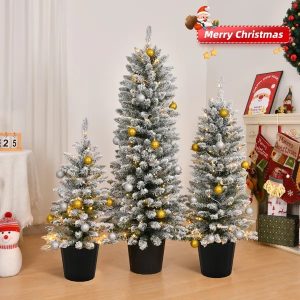 Set Of 3 Pre-lit Xmas Trees With Pot Stands,  Snow Flocked Artificial Christmas Trees WithWarm Lights Battery Operated And Branch Tips For Holiday Party Office Home