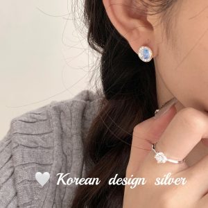 S925 Sterling Silver Oval Blue Diamond Heart-wrapped Earrings