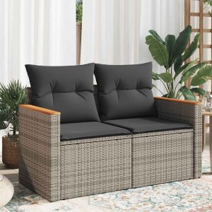 2-Seater Garden Sofa with Cushions Grey Poly Rattan