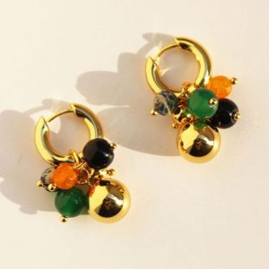High-grade Green Black Yellow Agate Contrast Color Gold Ball Earrings